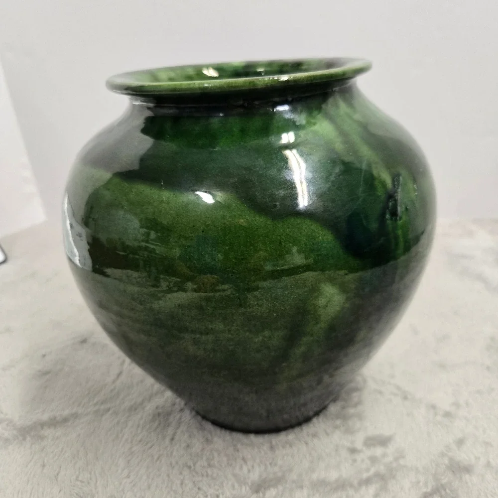 Vintage French Pottery Emerald Green Drip Glaze Terracotta Vase Made in France